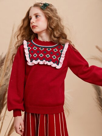 Girls Argyle Pattern Frilled Lantern Sleeve Jumper