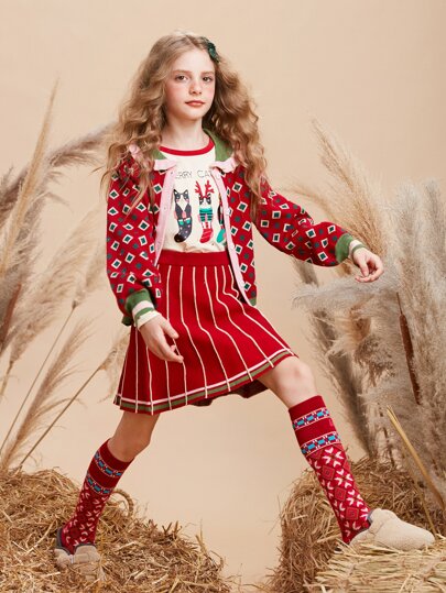 Girls Striped Pattern Knit Skirt