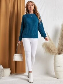 EMERY ROSE Drop Shoulder Cable Knit Jumper - Blue - View 5