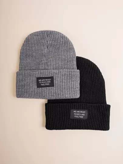 2 件男士布标针织便帽，亚克力户外滑雪时尚休闲帽，适合秋冬季秋季服装