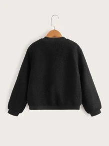 SHEIN 男孩字母補丁細節拉鍊搖粒絨飛行員夾克 - 黑色 - 查看 2