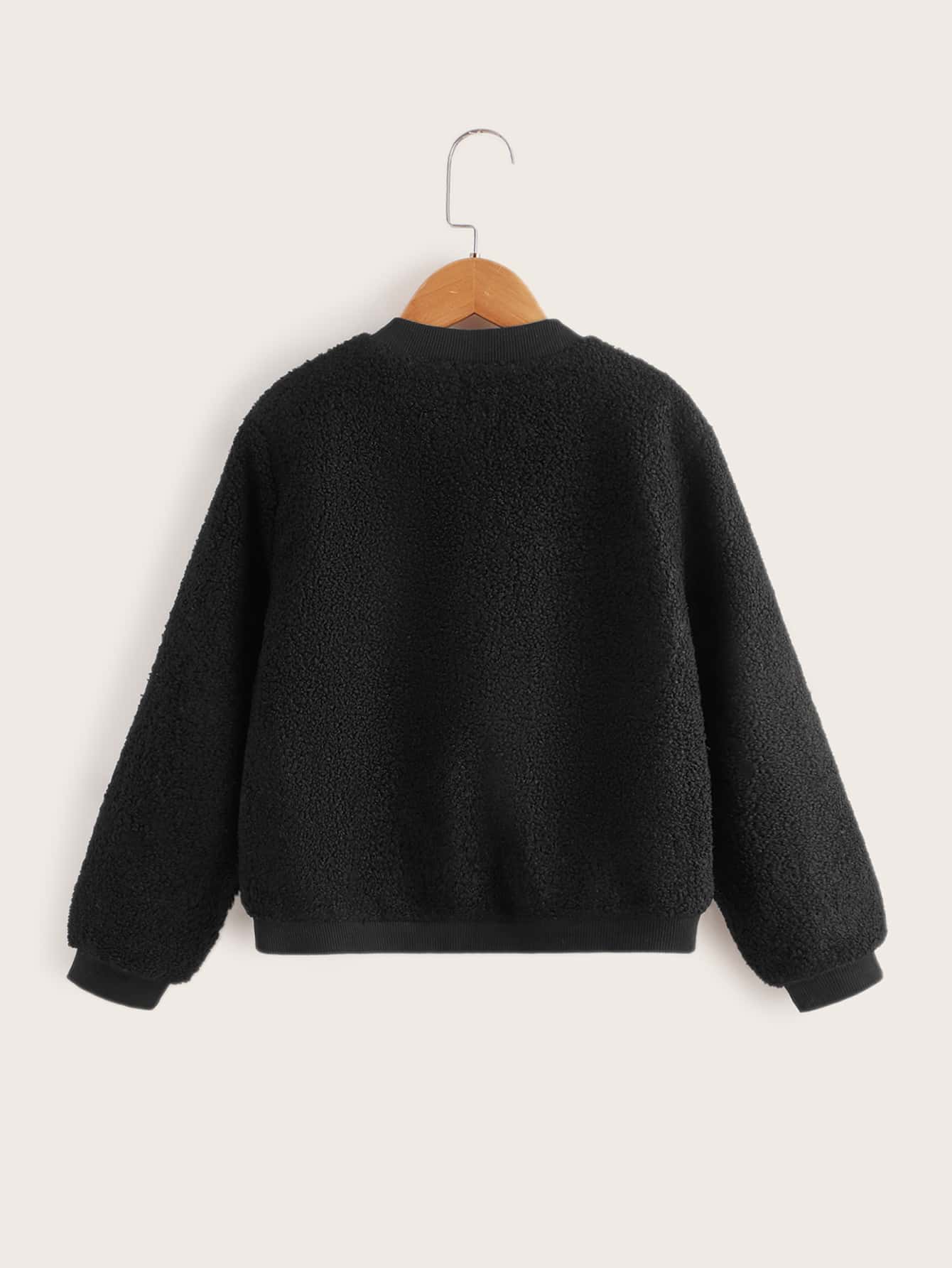 SHEIN 男孩字母補丁細節拉鍊搖粒絨飛行員夾克 - 黑色 - 查看 2