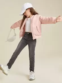 SHEIN Girls Zipper Bomber Winter Bomber Jacket - Baby Pink - View 4