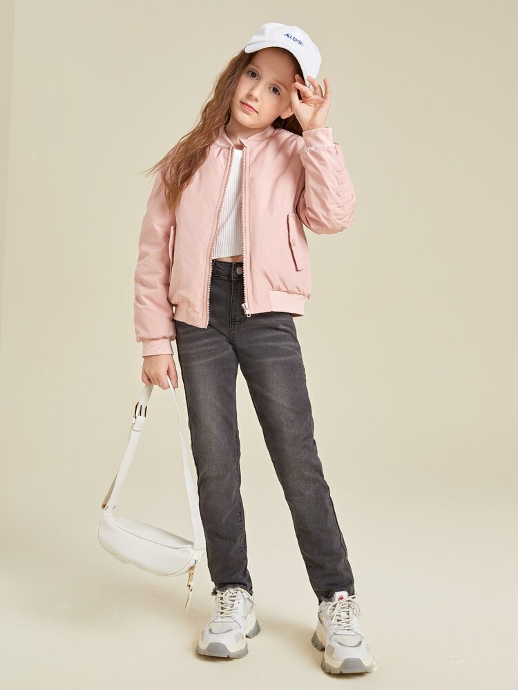 SHEIN Girls Zipper Bomber Winter Bomber Jacket - Baby Pink - View 6