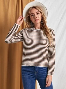 SHEIN 條紋圖案圓領合身套頭毛衣 - 棕色 - 查看 1