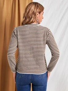 SHEIN 條紋圖案圓領合身套頭毛衣 - 棕色 - 查看 2