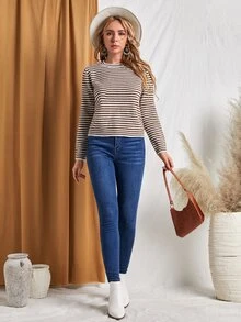 SHEIN 條紋圖案圓領合身套頭毛衣 - 棕色 - 查看 3