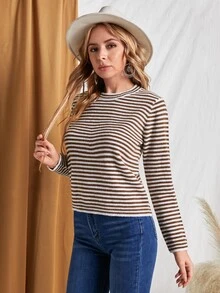 SHEIN 條紋圖案圓領合身套頭毛衣 - 棕色 - 查看 4