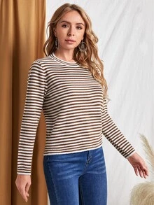 SHEIN 條紋圖案圓領合身套頭毛衣 - 棕色 - 查看 5
