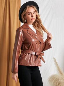 SHEIN 西裝領腰帶PU皮革外套