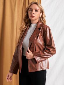 SHEIN 西裝領腰帶PU皮革外套