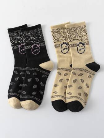 2pairs Men Paisley Print Crew Socks, Fall