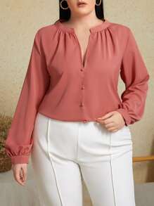 SHEIN Clasi Plus Solid Notched Blouse - Watermelon Pink - View 1