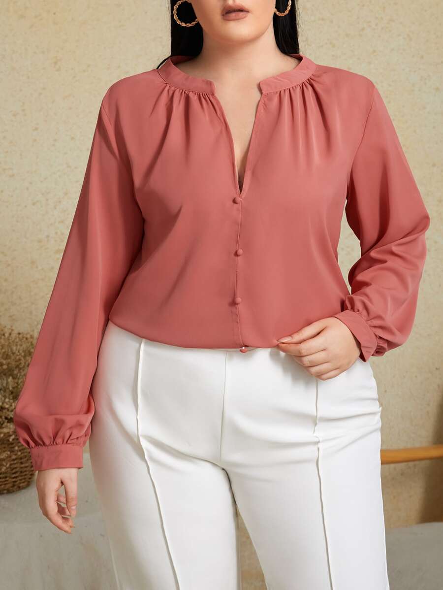SHEIN Clasi Plus Solid Notched Blouse - Watermelon Pink - View 1
