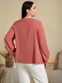 SHEIN Clasi Plus Solid Notched Blouse - Watermelon Pink - View 2