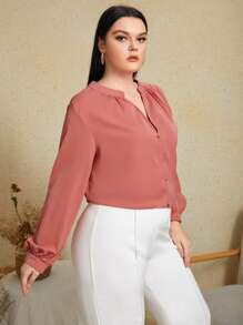 SHEIN Clasi Plus Solid Notched Blouse - Watermelon Pink - View 3