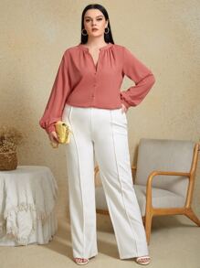 SHEIN Clasi Plus Solid Notched Blouse - Watermelon Pink - View 5