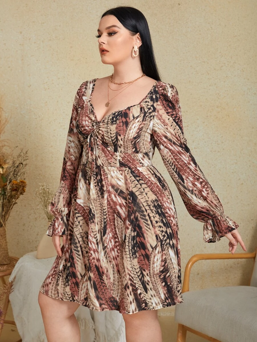 SHEIN VCAY Đầm Plus Size Dây kéo Xù Thắt nơ trước Tất cả trên in Giải trí - Nhiều màu - Xem 1
