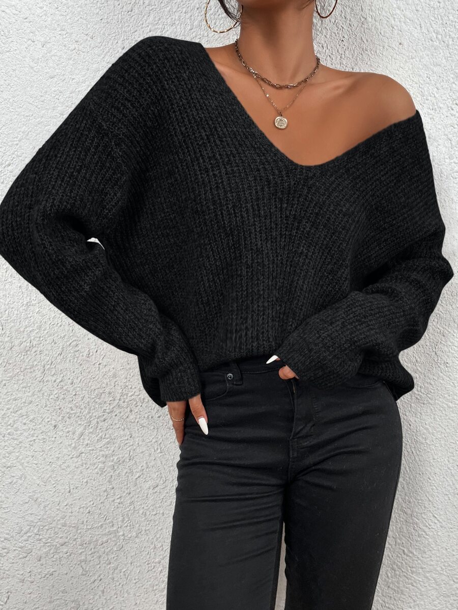 EMERY ROSE V-neck Drop Shoulder Ribbed Knit Jumper - Black - View 1