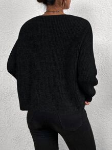 EMERY ROSE V-neck Drop Shoulder Ribbed Knit Jumper - Black - View 2