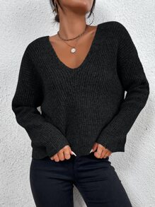 EMERY ROSE V-neck Drop Shoulder Ribbed Knit Jumper - Black - View 4