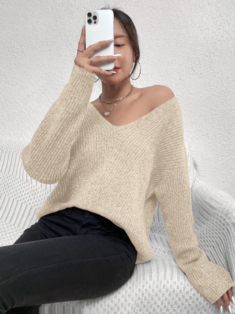 EMERY ROSE V-Neck Drop Shoulder Ribbed Knit Sweater,Long Sleeve Tops Knit Pullover Fall Winter Outfit - Apricot - View 5
