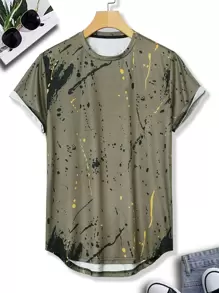 Manfinity LEGND 男士潑墨前短後長T恤 - 軍綠色 - 查看 1