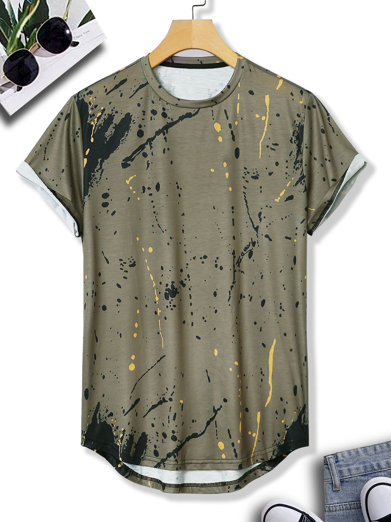 Manfinity LEGND 男士潑墨前短後長T恤 - 軍綠色 - 查看 1