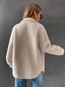 SHEIN Unity Drop Shoulder Flap Pocket Teddy Coat Fall Winter Cloth For Women - Apricot - View 2