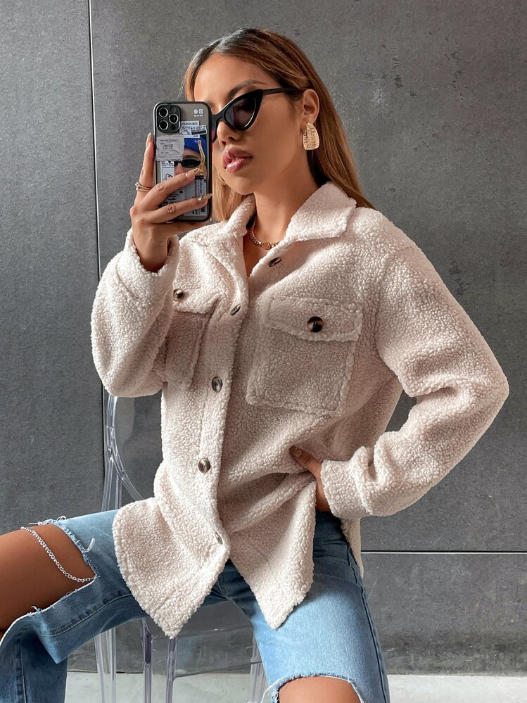 SHEIN Unity Drop Shoulder Flap Pocket Teddy Coat Fall Winter Cloth For Women - Apricot - View 3