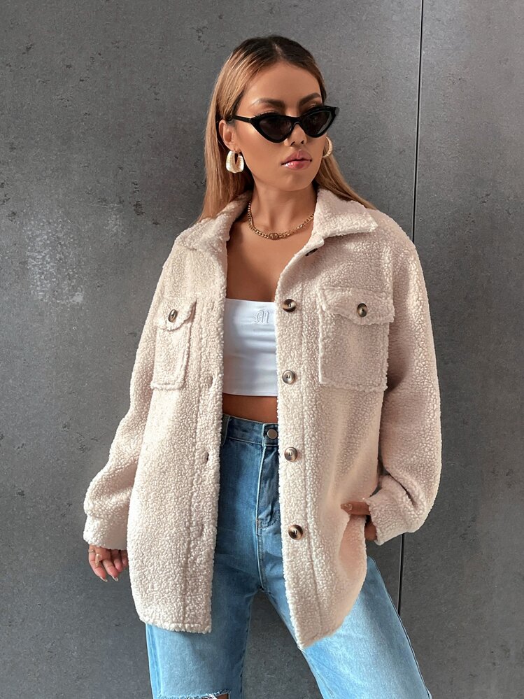 SHEIN Unity Drop Shoulder Flap Pocket Teddy Coat Fall Winter Cloth For Women - Apricot - View 4