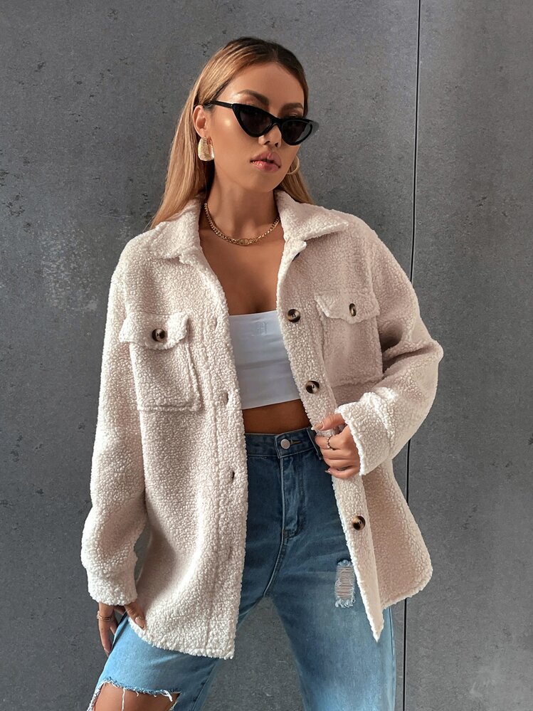 SHEIN Unity Drop Shoulder Flap Pocket Teddy Coat Fall Winter Cloth For Women - Apricot - View 5