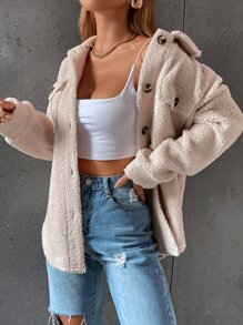 SHEIN Unity Drop Shoulder Flap Pocket Teddy Coat Fall Winter Cloth For Women - Apricot - View 6