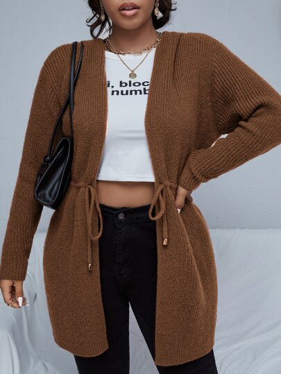 كنزة صوفية كاردجان بغطاء رأس بحبل معدني للسيدات بلون بني قهوة داكن عادي، موسم الخريف/الشتاء