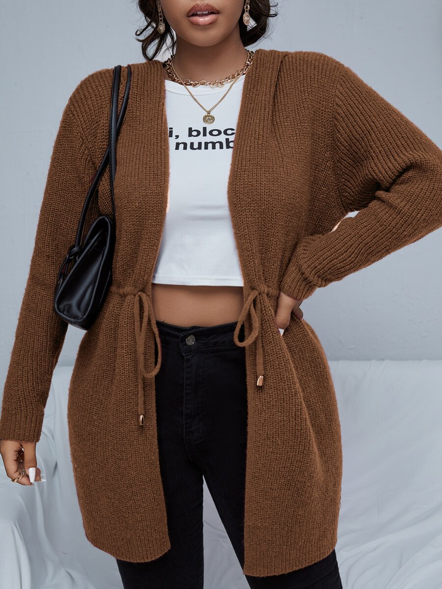 Calvaya Áo len cardigan trùm đầu màu nâu cà phê trơn giản dị có dây rút cỡ lớn dành cho nữ, mùa thu/đông - Cà phê nâu - Xem 1