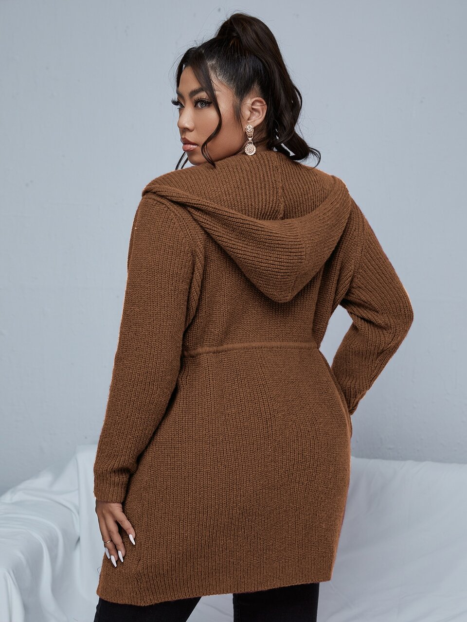 Plus Size Women's Coffee Brown Plain Casual Drawstring Hooded Cardigan Sweater, Autumn/Winter Fall Cloth For Women
