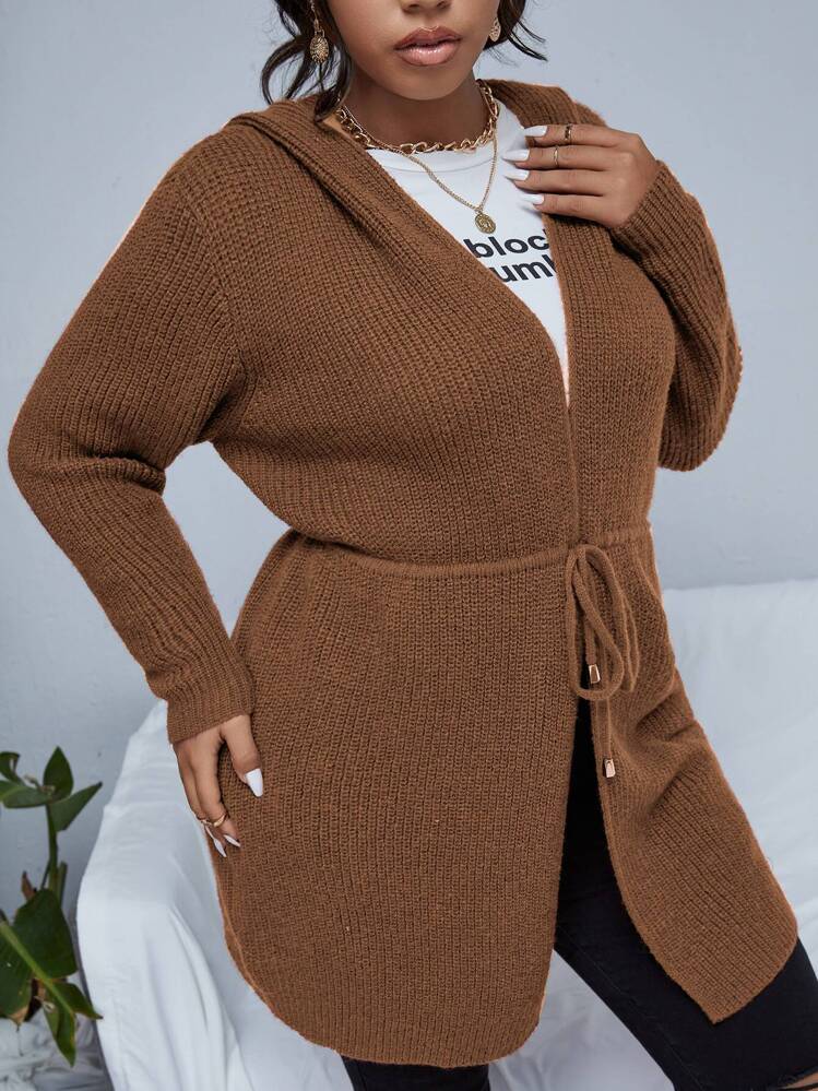Calvaya Áo len cardigan trùm đầu màu nâu cà phê trơn giản dị có dây rút cỡ lớn dành cho nữ, mùa thu/đông - Cà phê nâu - Xem 3