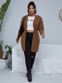 Calvaya Áo len cardigan trùm đầu màu nâu cà phê trơn giản dị có dây rút cỡ lớn dành cho nữ, mùa thu/đông - Cà phê nâu - Xem 4