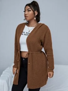 Calvaya Áo len cardigan trùm đầu màu nâu cà phê trơn giản dị có dây rút cỡ lớn dành cho nữ, mùa thu/đông - Cà phê nâu - Xem 5
