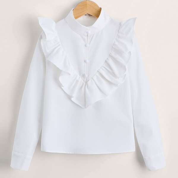

Girls Half Button Ruffle Trim Blouse, White