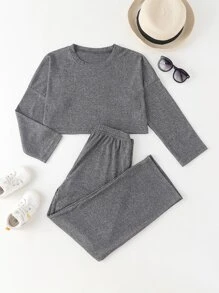 女孩羅紋針織T恤和褲子 - 灰色 - 查看 1
