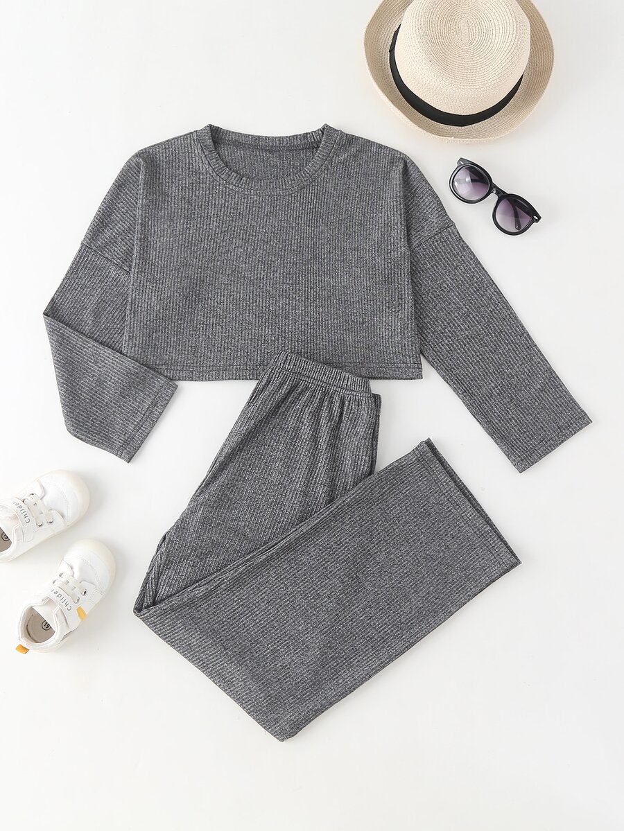 女孩羅紋針織T恤和褲子 - 灰色 - 查看 1
