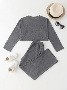 女孩羅紋針織T恤和褲子 - 灰色 - 查看 2
