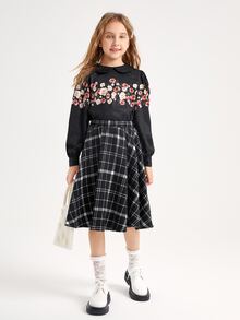 SHEIN Bộ hai mảnh Gái Dây kéo Hoa Sọc ca rô Sẵn sàng - màu đen - Xem 2