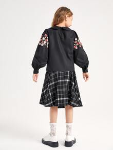 SHEIN Bộ hai mảnh Gái Dây kéo Hoa Sọc ca rô Sẵn sàng - màu đen - Xem 3