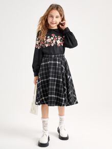 SHEIN Bộ hai mảnh Gái Dây kéo Hoa Sọc ca rô Sẵn sàng - màu đen - Xem 1