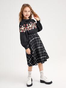 SHEIN Bộ hai mảnh Gái Dây kéo Hoa Sọc ca rô Sẵn sàng - màu đen - Xem 5