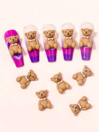 10Pcs 3D Cute Cartoon Bear Nail Art Charms - Resin & Acrylic Nail Decorations For Women Girls, Brown Animal Nail Accessories For Manicure/Press On Nails, Summer Nails 2025 Viral Nail Jewelry, Kawaii Nail Art Supplies