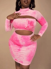 SHEIN SXY Plus Mock Neck Cut Out Velvet Bodycon Dress - Multicolor - View 1