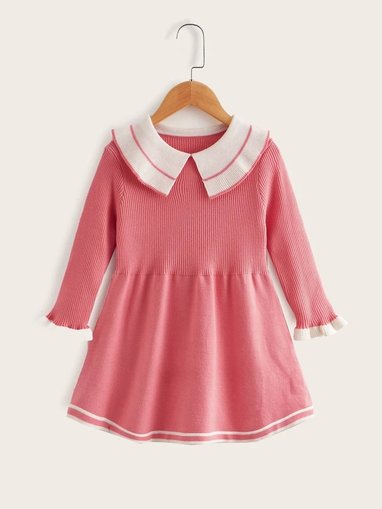 Young Girl Striped Trim Peter Pan Collar Flare Sleeve Sweater Dress